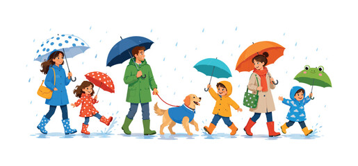 Fototapeta premium Family and dog enjoy a rainy day walk with colorful umbrellas