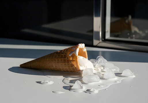 Melted vanilla ice cream cone lying on a white surface near a window with a blurred reflection dramatic lighting