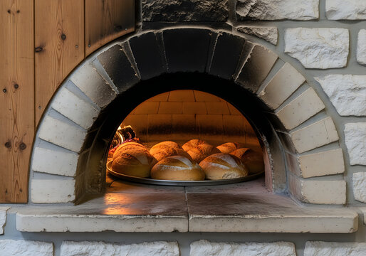 Artisan bread baking in a traditional brick oven showcasing golden crusts and rustic charm for culinary applications