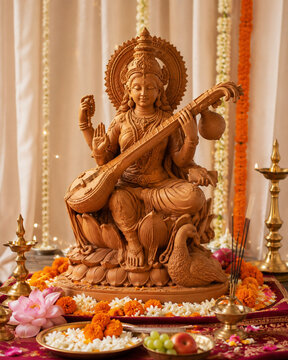 Clay Saraswati Maa Idol Decorated for Traditional Puja Celebration
