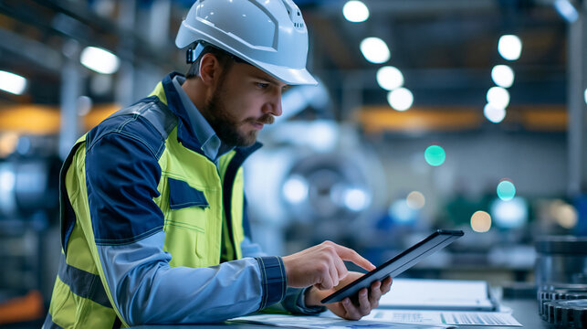 Faceless engineer verifying AI predictive maintenance data on tablet in factory, widescreen, defocused technological oversight, manufacturing supervision visualization, with copy