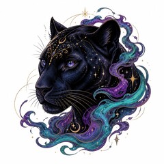 Obraz premium Black panther surrounded by colorful cosmic smoke and stars