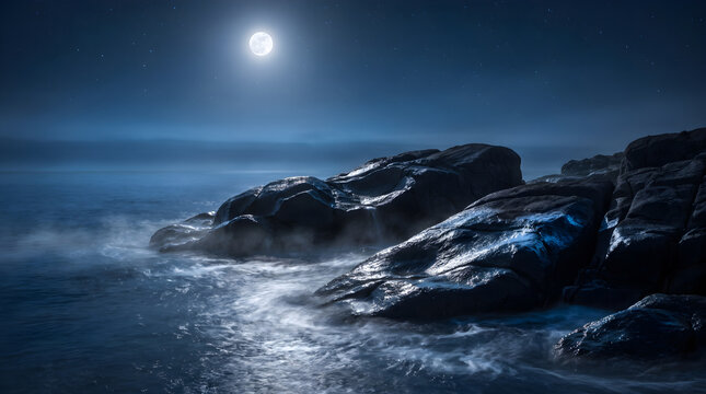 Full moon illuminates rugged dark coastal rocks amidst soft rolling misty ocean waves under a vibrant starry night sky captured in this serene landscape photography shot
