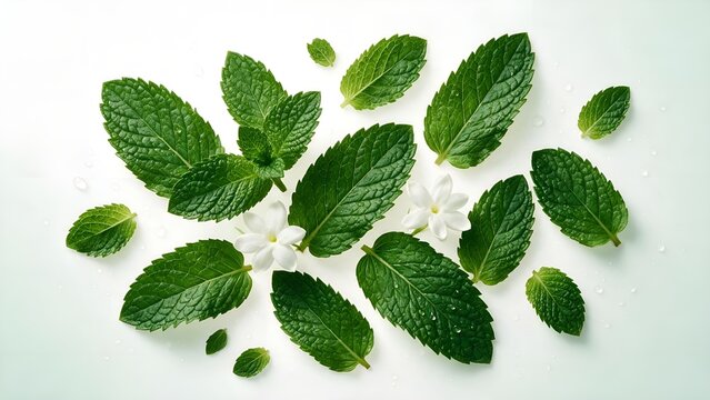 Fresh green mint leaves arranged artistically on a clean white background with delicate white blossoms and tiny glistening water droplets for a bright natural display