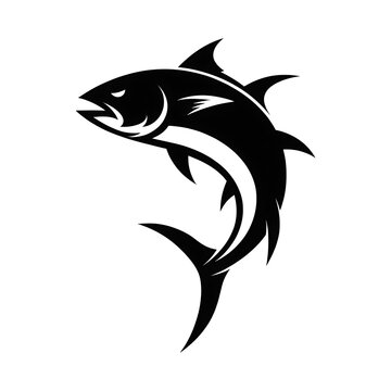 Dynamic black and white illustration of a sleek tuna fish jumping in an aggressive sports style