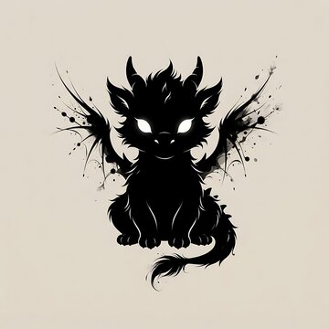 Majestic black baby dragon illustration featuring glowing white eyes and sharp ink splatter artistic wing details