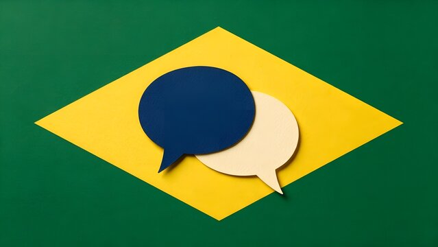 Dark blue and light beige speech bubbles positioned centrally over a vibrant yellow diamond shape against a solid deep green textured background for communication concepts