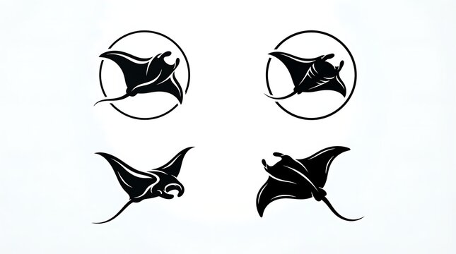 Manta ray silhouette collection featuring sharp black vector designs isolated on a clean white graphic background