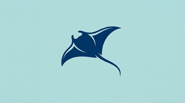 Elegant manta ray swimming in deep blue silhouette style on a light pastel cyan background