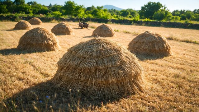 Golden haystacks scattered across a dry summer agricultural field during bright sunny morning light showcasing traditional farming techniques in a beautiful rural landscape setting today