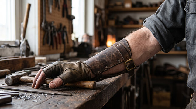 Craftsman arm in leather bracer resting on a wooden workbench with tools in a rustic workshop. Concept of leather cuff, arm guard, artisan, male arm. Copy space.