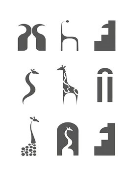 Minimalist giraffe logo icons featuring creative line art patterns presented on a clean white background surface