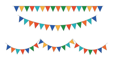 Obraz premium Colorful Bunting Flags: A festive arrangement of vibrant triangle bunting flags strung across three lines, perfect for decorating any celebration or party event.