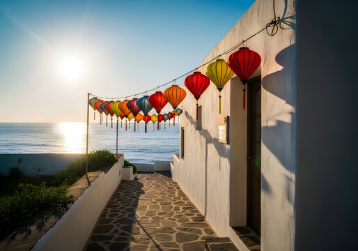 Coastal vietnamese lanterns at sunset a tranquil pathway to the ocean with traditional decorations