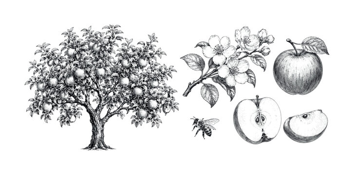 Detailed illustration of a mature apple tree with fruit and blossoms