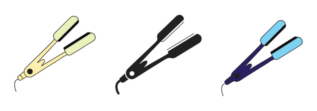 Hair Straightener Icons: Three distinct icons of hair straighteners in yellow, black, and blue, showcasing different color options for styling tools.