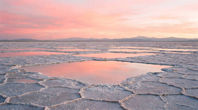 Vast salt flat landscape displaying crystalline geometric formations reflecting vibrant sunset colors under a calm pink sky during twilight in this stunning high resolution natural photograph