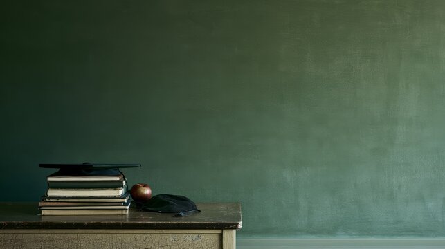 Desk in classroom holds books, apple, cap, and September 1st calendar
