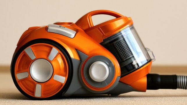 Household vacuum cleaning appliance glides over carpet, home tidiness concept