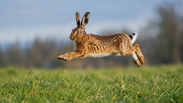 Wild hare jumping fast over a green field in natural sunlight. Concept of running hare, brown hare, running, speed, action. Copy space.