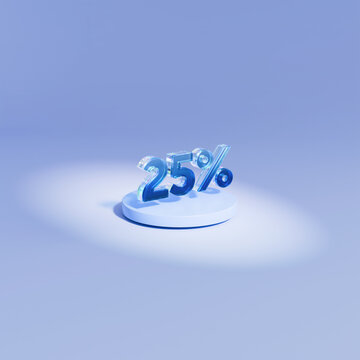 3D blue 25 percent discount sign on podium illuminated by a bright spotlight beam, twenty-five percent off sale banner with soft shadows on pastel background.