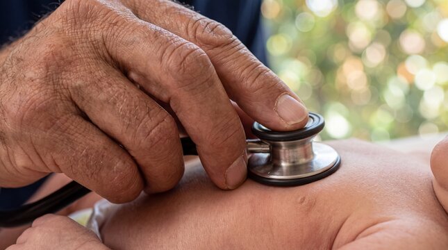 Experienced Male Pediatrician Gently Examining Newborn Baby Outdoors