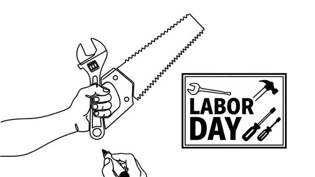 Hand holding adjustable wrench and saw appearing in continuous line drawing animation style for labor day holiday motion video footage