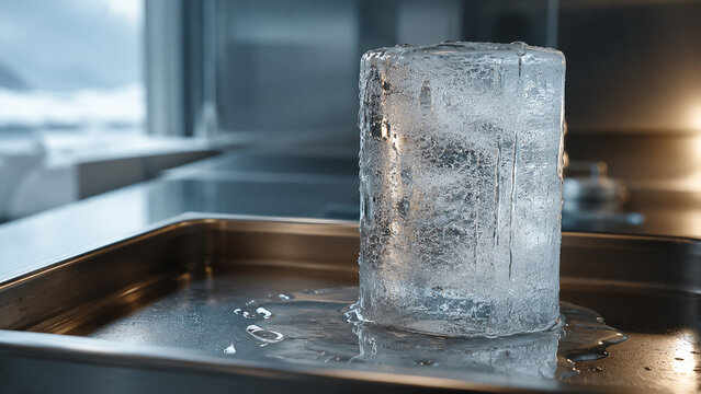 Melting Ice Block Cylinder Standing on Metal Tray in Modern Kitchen Environment. Concept of cold, cold ice, melting water, clear ice, frozen water. Copy space.