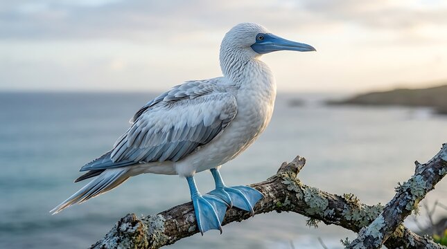 Blue-footed booby bird perched on a branch overlooking the sea at sunset