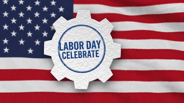 Labor day celebrate gear emblem floating over a wavy American flag background in this high definition 3d motion graphic video