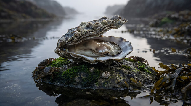 Open wild oyster shell with pearl resting on rocky coastal shore at misty morning tide. Concept of sea life, ocean, marine life, coast, seashore, nature. Copy space.