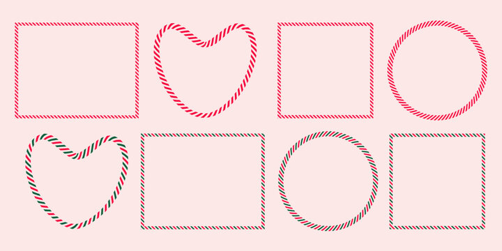 A set of Christmas frames featuring striped candy cane patterns in square, heart, and circle shapes, designed as empty text templates for greeting cards and labels.