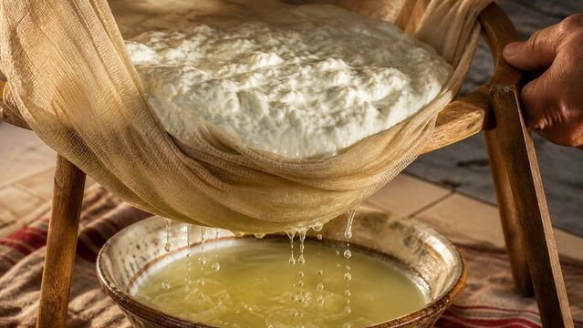Fresh Cheese Draining Into Bowl