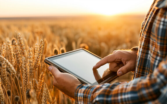 Close up of male hands using digital tablet in golden wheat field