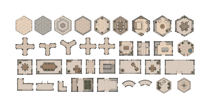 Collection of isometric architectural floor plan tiles for game design