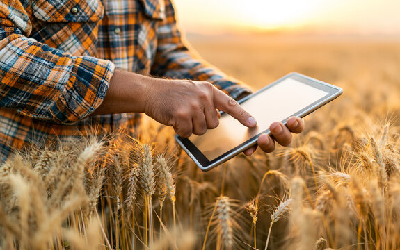 Close up of male hands using digital tablet in golden wheat field