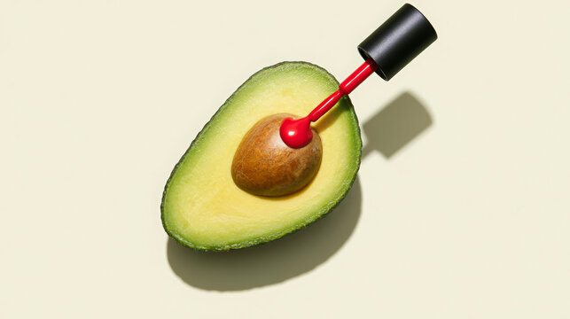 Avocado half with seed painted red by a nail polish brush, creating a surreal and artistic beauty concept for healthy skin and natural cosmetics