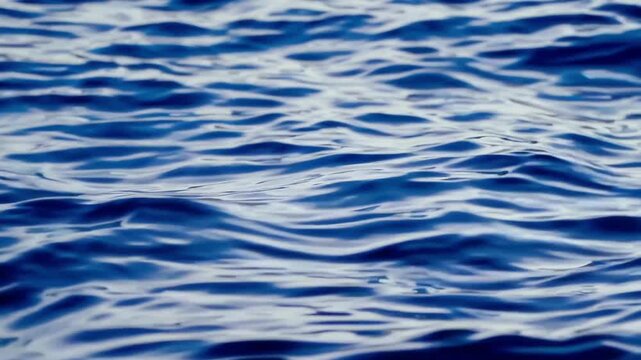 Blue ocean water ripples and rolls across frame in shifting bands of light and shadow. Small waves overlap in steady motion, creating textured surface detail and calm natural marine backdrop.