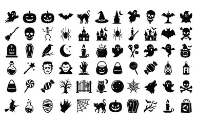 Obraz premium Set of various black silhouette icons for halloween celebration featuring spooky characters and traditional holiday festive symbols