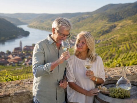 Genussreise durch &Ouml;sterreichs Weinregion &ndash; Ein reifes Paar verkostet Wei&szlig;wein mit Blick auf Fluss und Weinberge und erlebt lokalen Tourismus, Kulinarik und Entspannung.