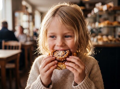 Scandinavian Girl Tasting Fresh Local Bakery Pastry Portrait