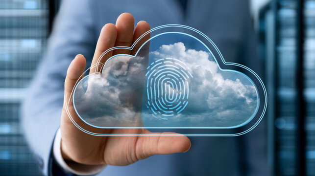 Person holding a cloud icon with a glowing fingerprint, symbolizing secure data storage, biometric authentication for cloud computing, and digital privacy