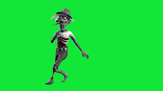 Funny and creepy zombie listening to music and dancing to the beat on a green screen. Halloween party vibes. Looped 3D animation for holiday events, invitations, and music video backgrounds.