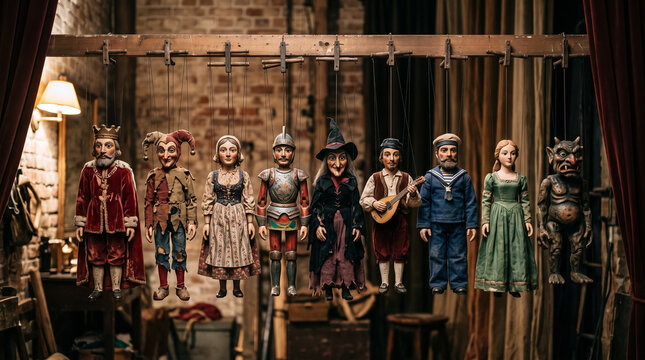 Vintage Marionette Puppets Hanging in a Row on Stage in a Traditional Puppet Theater. Concept of wooden puppet, string puppet, king, jester, witch.