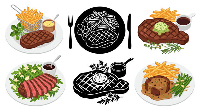 Professional vector collection featuring different styles of classic Parisian bistro steak, French steak and fries, grilled beef steak, sliced steak, steak with herb butter, steak with pepper sauce