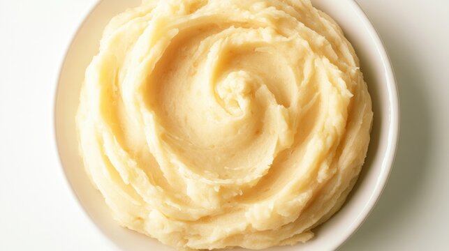 Mashed potatoes served on a plate, simple white backdrop.