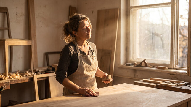 Female carpenter sanding wooden table in rustic workshop with warm sunlight streaming through window. Concept of sun, appearing, woodworking, sanding wood, artisan woman. Copy space.