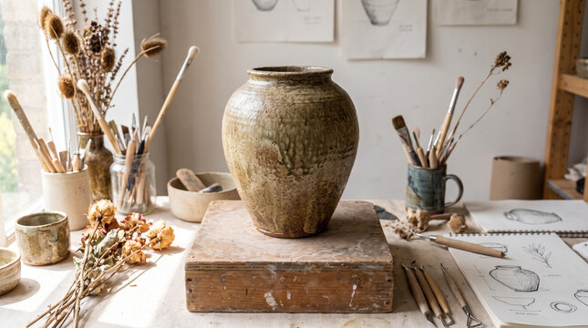 Ceramic urn on wooden stand in artist studio surrounded by pottery tools and dry flowers. Concept of ceramic vase, ceramic jar, handmade ceramics, craft workshop, artisan studio, clay pottery.