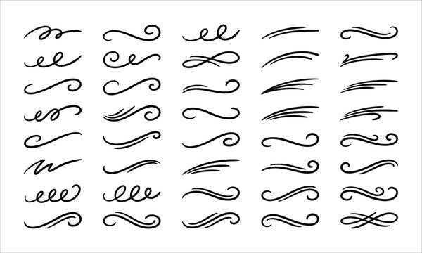 A collection of hand drawn vintage calligraphy flourishes and decorative swirls for elegant wedding invitation design elements