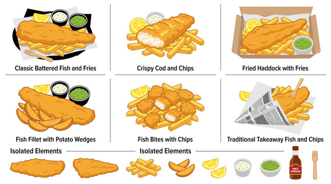Professional vector collection featuring different styles of traditional Fish and Chips from London, England, classic battered fish with fries, crispy cod and chips, fried haddock with fries